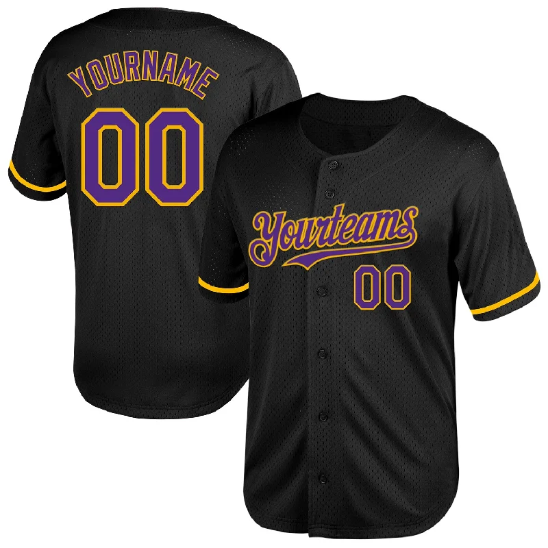 Custom Baseball Jersey for Teams-Custom Black Purple-Gold Mesh Authentic Throwback Baseball Jersey