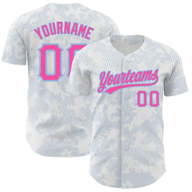 Baseball Jersey for Local Team Apparel for Baseball-Custom White Pink-Light Blue 3D Pattern Design Curve Lines Authentic Baseball Jersey