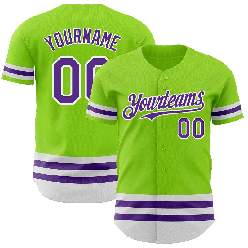 Baseball Jersey for Fan Apparel for College Baseball-Custom Neon Green Purple-White Line Authentic Baseball Jersey