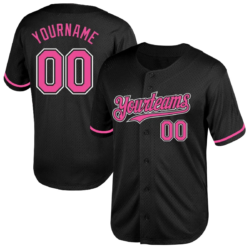 Baseball Jersey for Customized Team Logos-Custom Black Pink-White Mesh Authentic Throwback Baseball Jersey