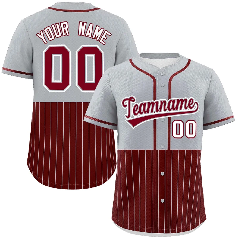 Baseball Jersey for Family Sports Events-Custom Gray Crimson Personalized Half Stripe Design Authentic Baseball Jersey