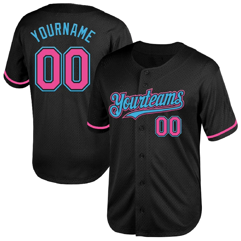 Baseball Jersey for Championship Games-Custom Black Pink-Sky Blue Mesh Authentic Throwback Baseball Jersey