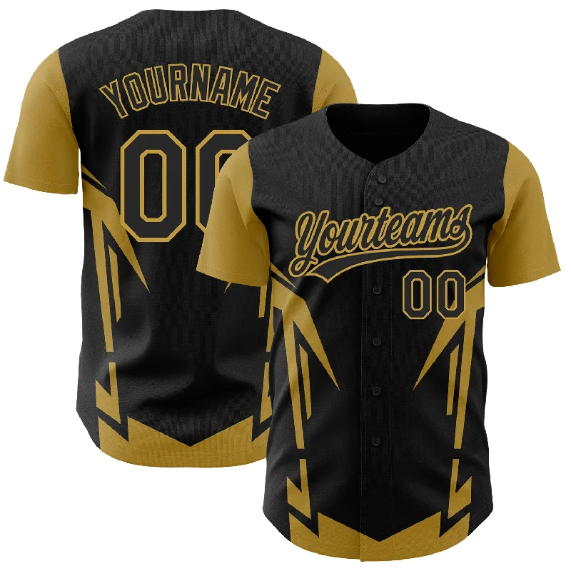 Baseball Jersey for Fundraising Events-Custom Black Old Gold 3D Pattern Design Side Sharp Edges Authentic Baseball Jersey