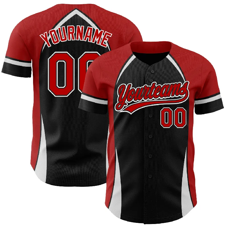 Baseball Jersey for Personalized Jerseys for Local Leagues-Custom Black Red-White 3D Pattern Design Curve Solid Authentic Baseball Jersey