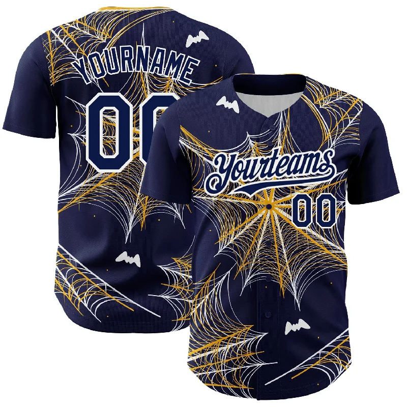 Baseball Jersey for Group Fan Gear for Baseball Games-Custom Navy Gold-White 3D Pattern Design Spider Web Authentic Baseball Jersey