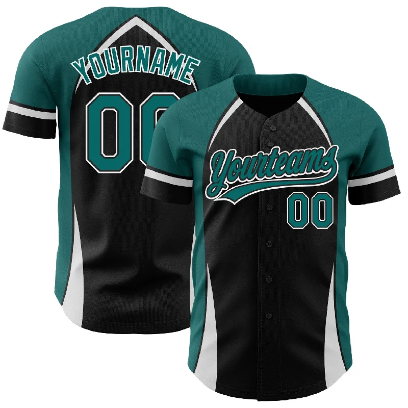 Baseball Jersey for Holiday Gift Ideas for Baseball Fans-Custom Black Teal-White 3D Pattern Design Curve Solid Authentic Baseball Jersey