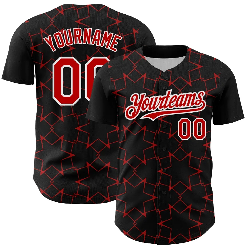 Baseball Jersey for Custom Jerseys for Fan Support-Custom Black Red-White 3D Pattern Design Star Lines Authentic Baseball Jersey