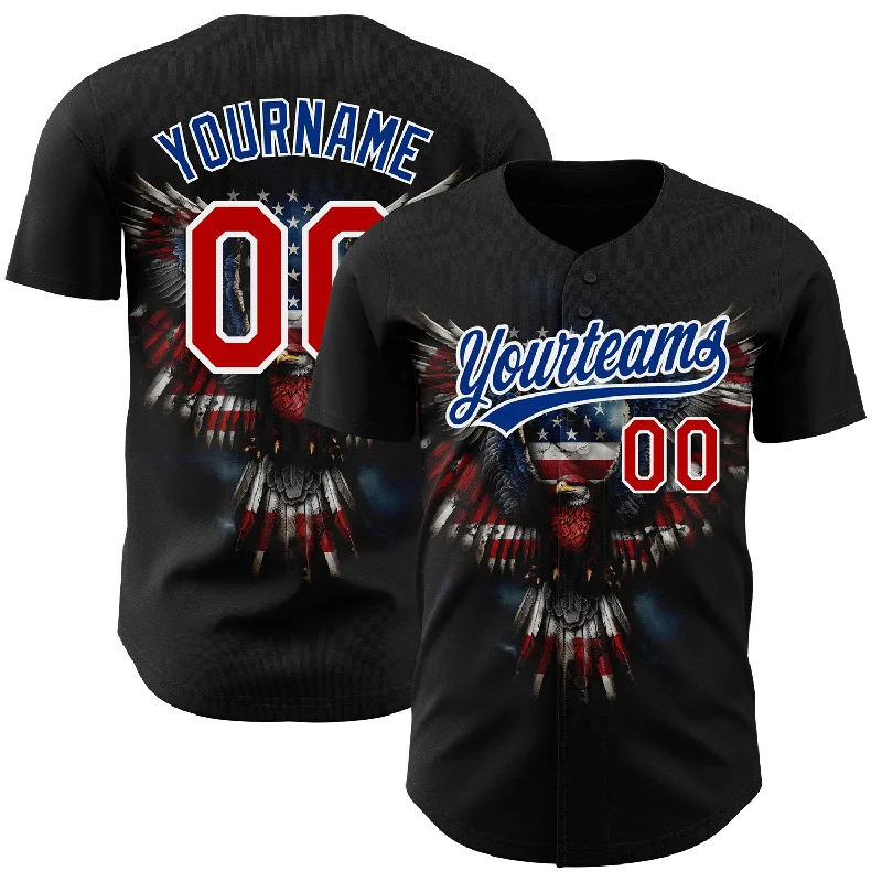 Baseball Jersey for Personalized Fanwear-Custom Black Red-Royal 3D American Flag Eagle Patriotic Authentic Baseball Jersey