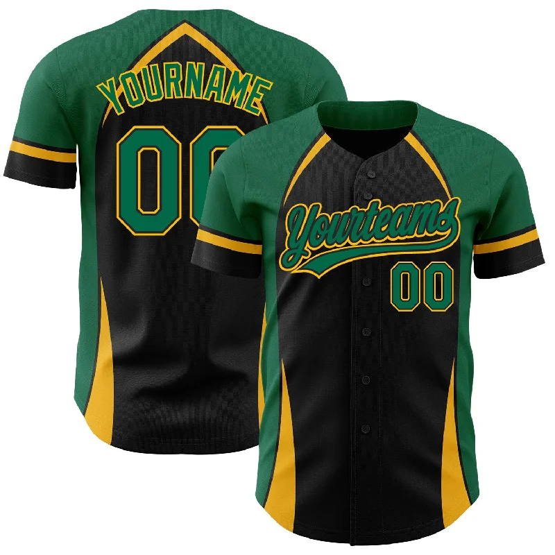 Baseball Jersey for Local Baseball League Gear-Custom Black Kelly Green-Gold 3D Pattern Design Curve Solid Authentic Baseball Jersey