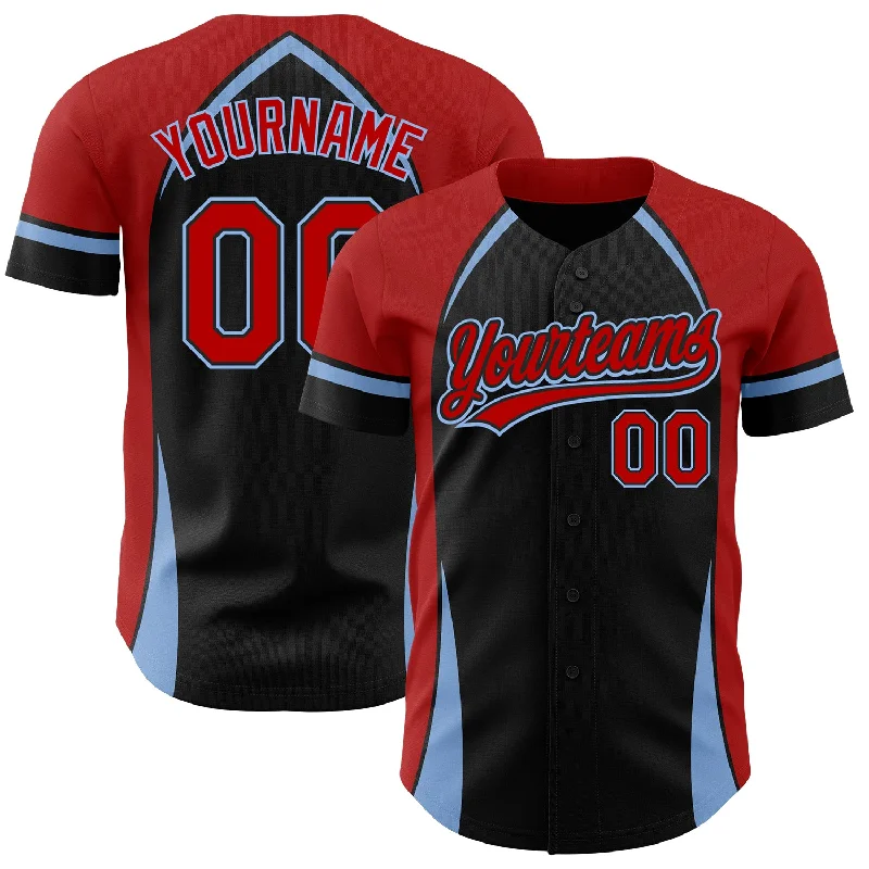 Baseball Jersey for Baseball Fan Club Apparel-Custom Black Red-Light Blue 3D Pattern Design Curve Solid Authentic Baseball Jersey