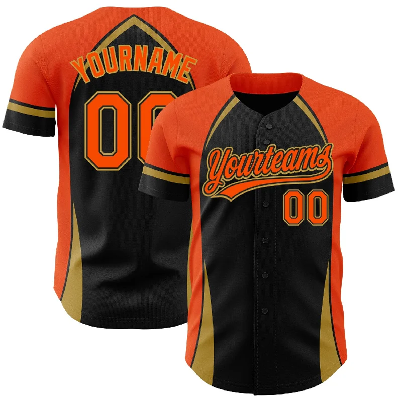 Baseball Jersey for Fan Club Apparel-Custom Black Orange-Old Gold 3D Pattern Design Curve Solid Authentic Baseball Jersey