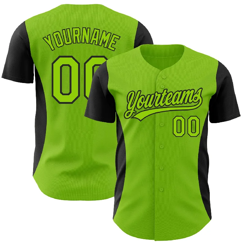 Baseball Jersey for Game Day-Custom Neon Green Black 3D Pattern Design Side Stripes Authentic Baseball Jersey