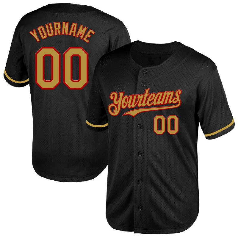 Baseball Jersey for Custom Team Jerseys for Schools-Custom Black Old Gold-Red Mesh Authentic Throwback Baseball Jersey