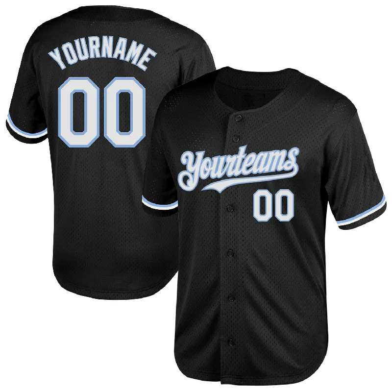 Baseball Jersey for Baseball-Themed Gifts for Kids-Custom Black White-Light Blue Mesh Authentic Throwback Baseball Jersey