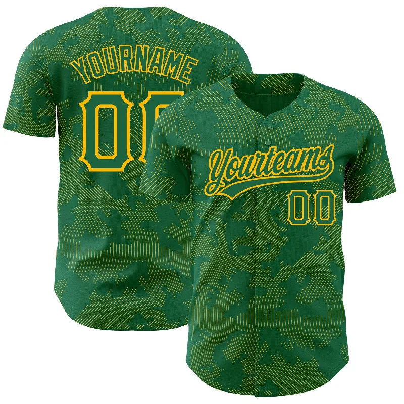 Baseball Jersey for Youth Baseball Apparel-Custom Kelly Green Gold 3D Pattern Design Curve Lines Authentic Baseball Jersey