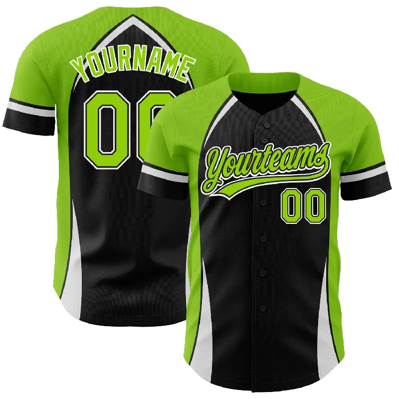 Baseball Jersey for Professional Baseball Team Gear-Custom Black Neon Green-White 3D Pattern Design Curve Solid Authentic Baseball Jersey