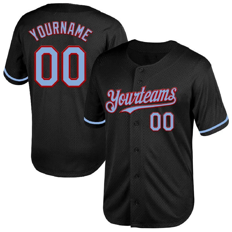 Baseball Jersey for Custom Baseball Apparel for Groups-Custom Black Light Blue-Red Mesh Authentic Throwback Baseball Jersey