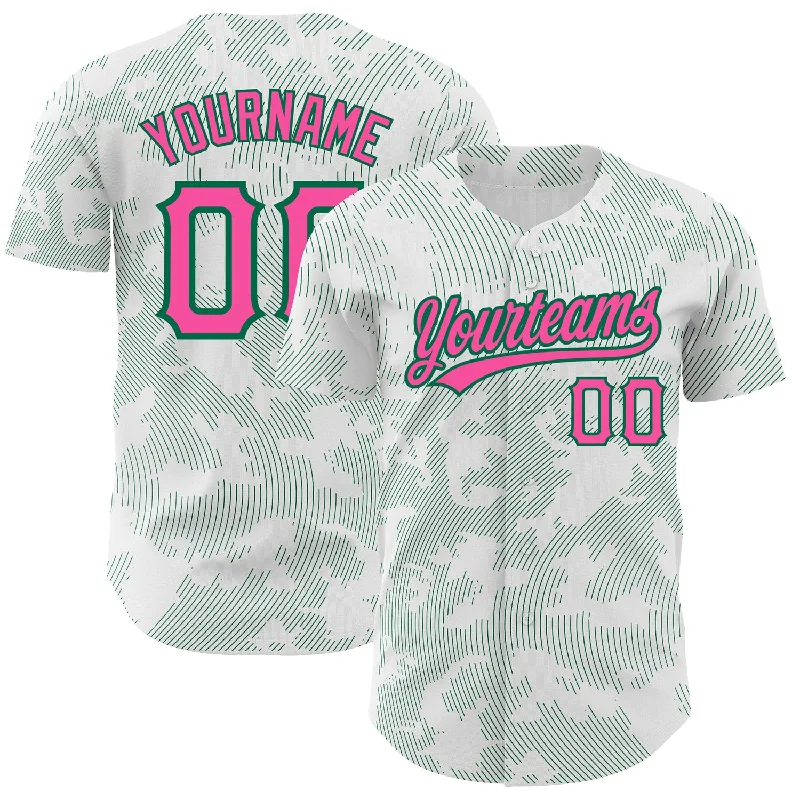 Baseball Jersey for Personalized Baseball Gifts for Fans-Custom White Pink-Kelly Green 3D Pattern Design Curve Lines Authentic Baseball Jersey