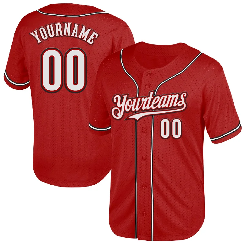 Baseball Jersey for Custom Fan Gear-Custom Red White-Black Mesh Authentic Throwback Baseball Jersey