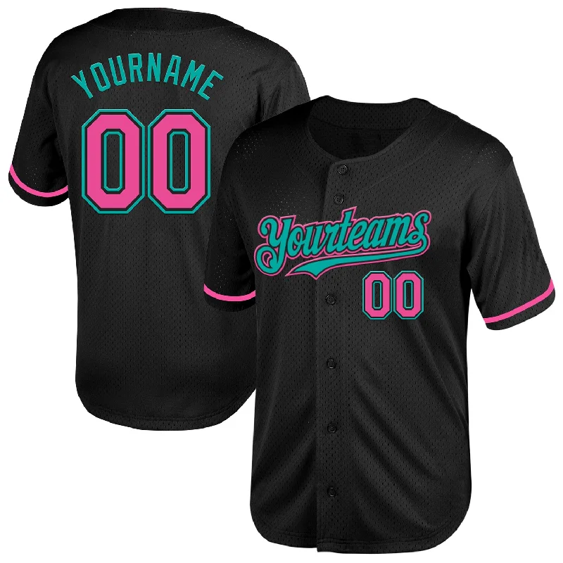 Baseball Jersey for Men’s Baseball-Custom Black Pink-Aqua Mesh Authentic Throwback Baseball Jersey