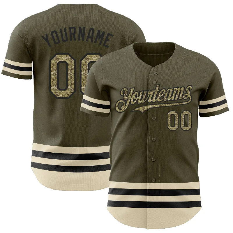 Baseball Jersey for Customized Team Logos-Custom Olive Camo Black-Cream Line Authentic Salute To Service Baseball Jersey