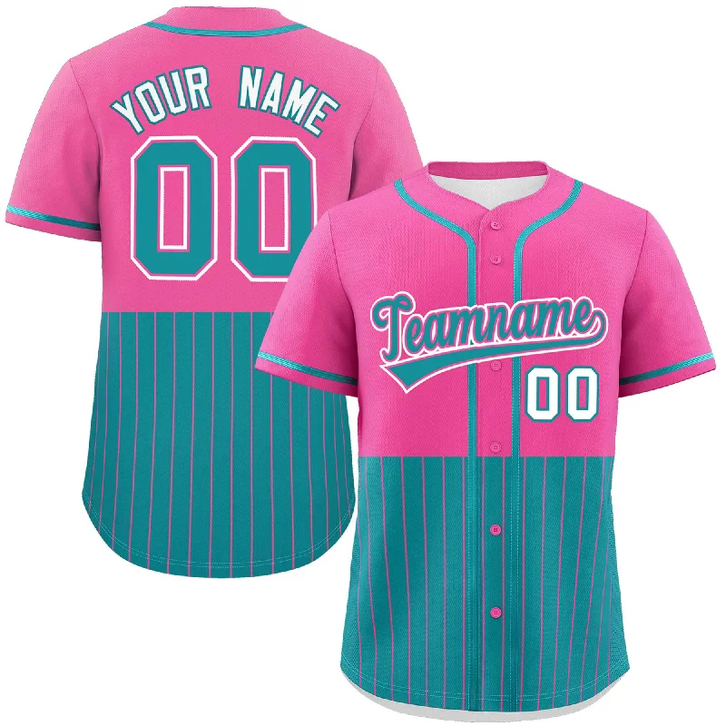 Baseball Jersey for Personalized School Jerseys-Custom Pink Aqua Personalized Half Stripe Design Authentic Baseball Jersey