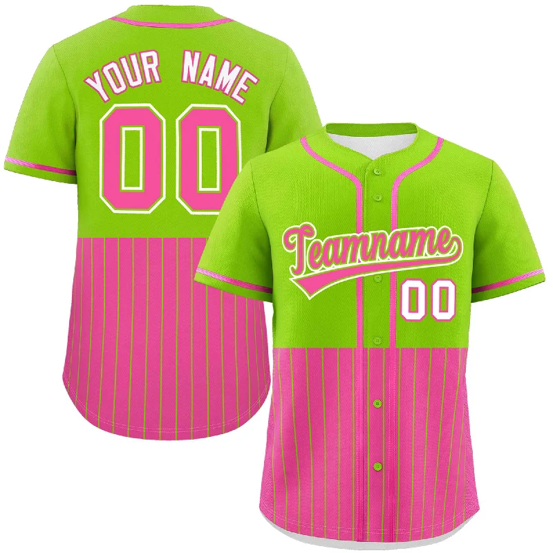 Baseball Jersey for High School Baseball Teams-Custom Neon Green Pink Personalized Half Stripe Design Authentic Baseball Jersey