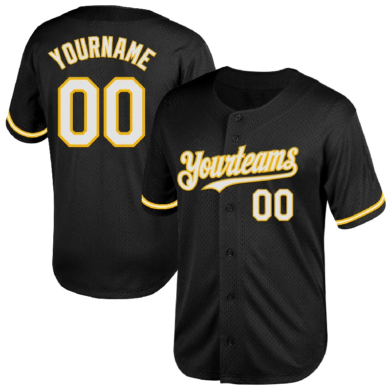 Baseball Jersey for Exclusive Team Jerseys for Fans-Custom Black White-Gold Mesh Authentic Throwback Baseball Jersey