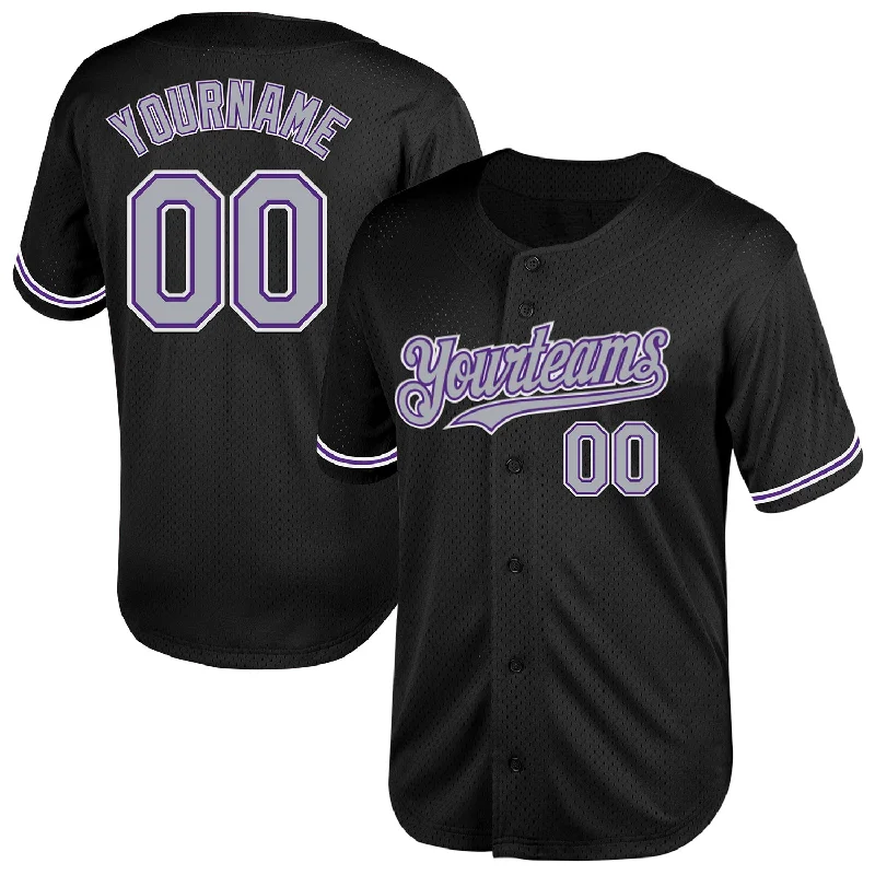 Baseball Jersey for Fun Baseball Apparel for Families-Custom Black Gray-Purple Mesh Authentic Throwback Baseball Jersey