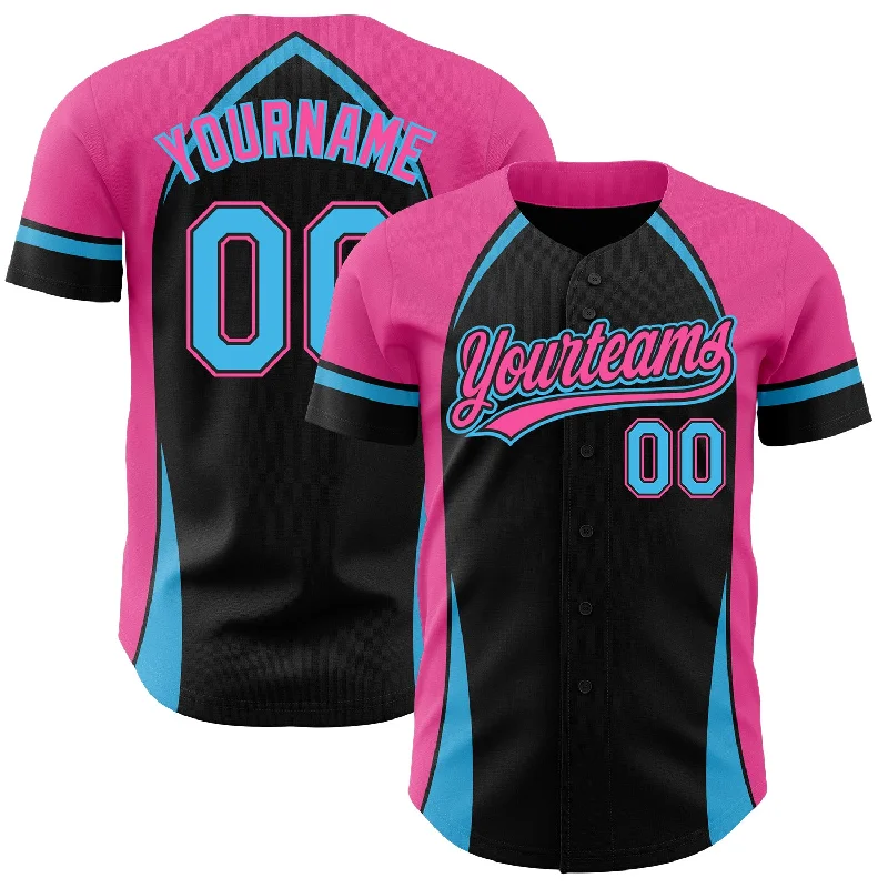 Baseball Jersey for Fan Gear for Game Day-Custom Black Sky Blue-Pink 3D Pattern Design Curve Solid Authentic Baseball Jersey