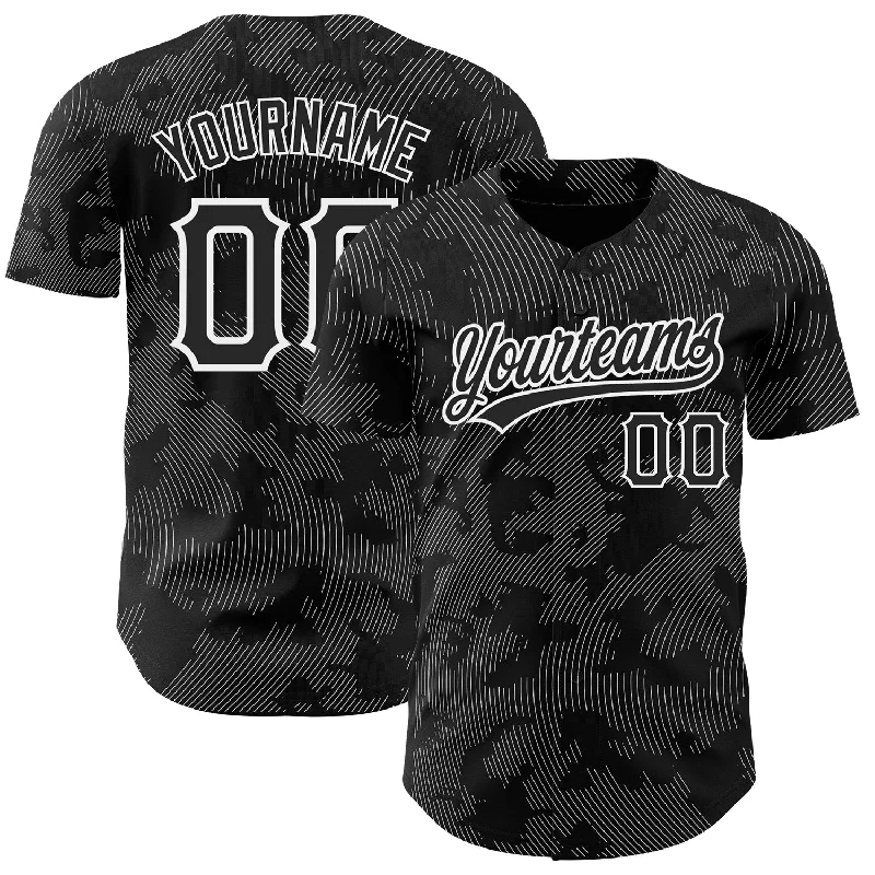 Baseball Jersey for Fun Baseball Game-Day Apparel-Custom Black White 3D Pattern Design Curve Lines Authentic Baseball Jersey