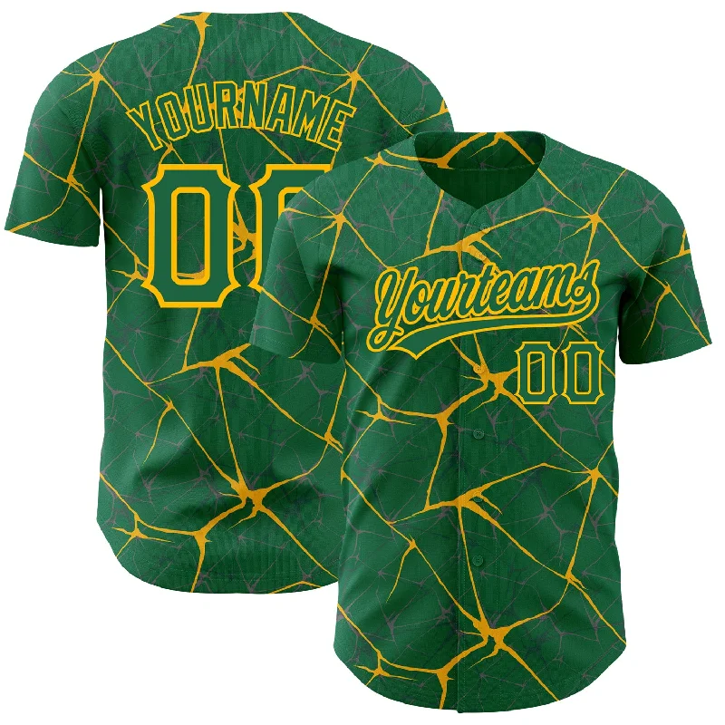 Baseball Jersey for Team Spirit Apparel-Custom Kelly Green Gold 3D Pattern Design Abstract Network Authentic Baseball Jersey