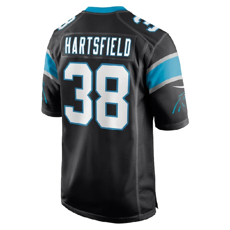 Rugby Jersey for Official Game Day Gear-C.Panthers #38 Myles Hartsfield Black Game Jersey Stitched American Football Jerseys