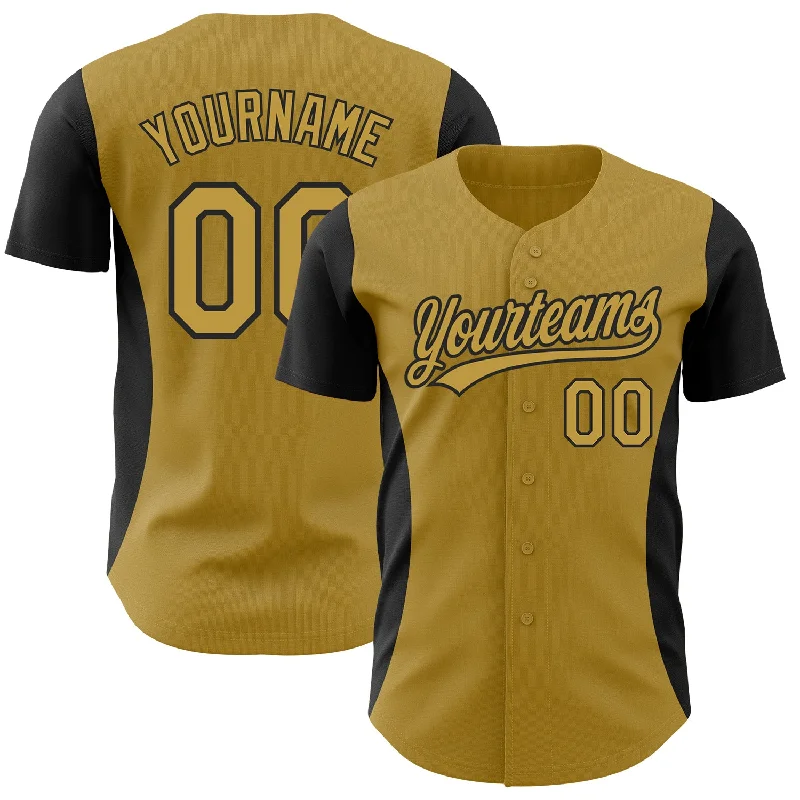 Baseball Jersey for Casual Wear-Custom Old Gold Black 3D Pattern Design Side Stripes Authentic Baseball Jersey