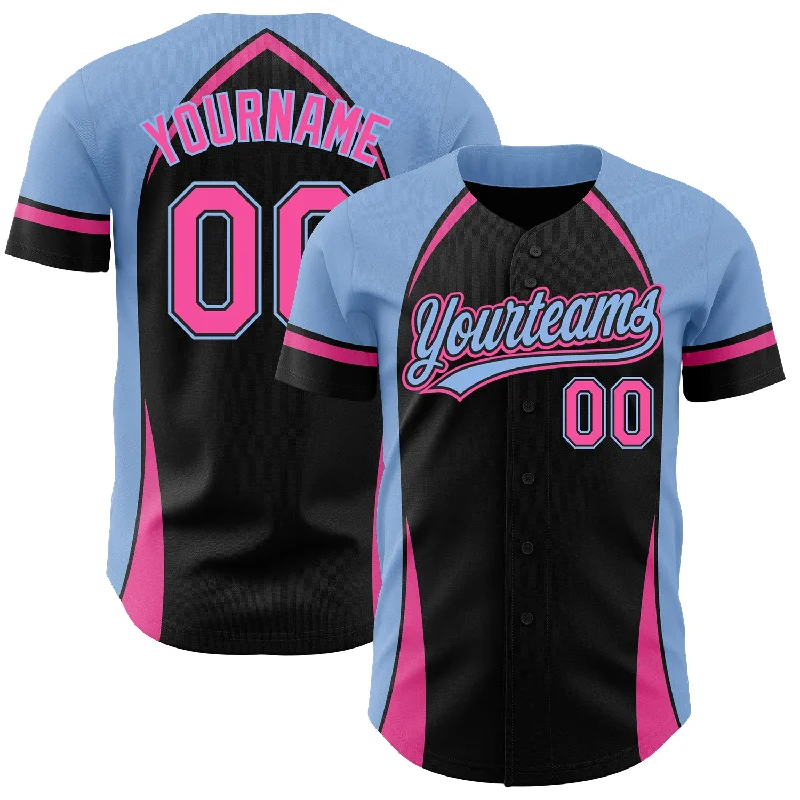 Baseball Jersey for Custom Team Uniforms for Schools-Custom Black Pink-Light Blue 3D Pattern Design Curve Solid Authentic Baseball Jersey