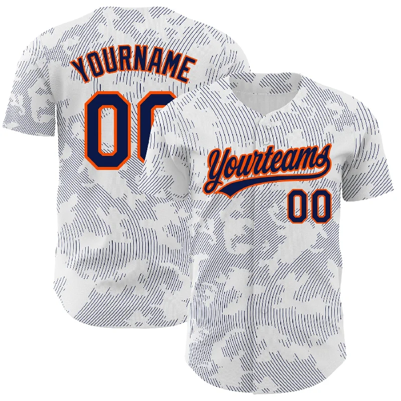 Baseball Jersey for Baseball Fan Apparel-Custom White Navy-Orange 3D Pattern Design Curve Lines Authentic Baseball Jersey