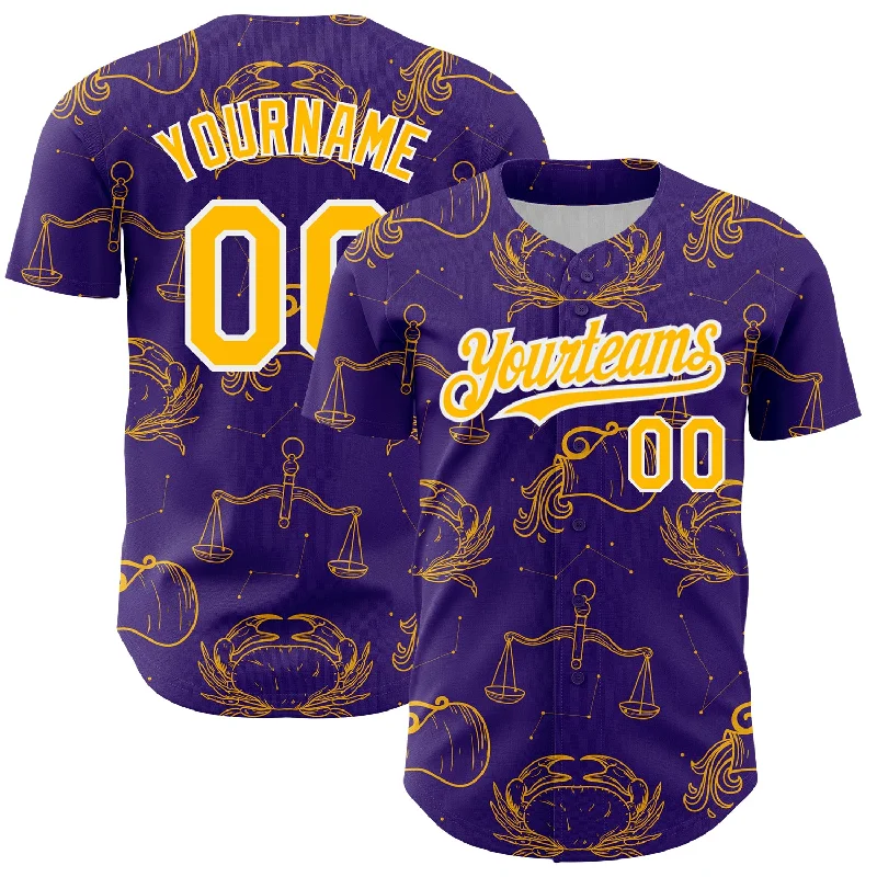 Baseball Jersey for Personalized Baseball Jerseys for Teams-Custom Purple Gold-White 3D Pattern Design Zodiac Authentic Baseball Jersey