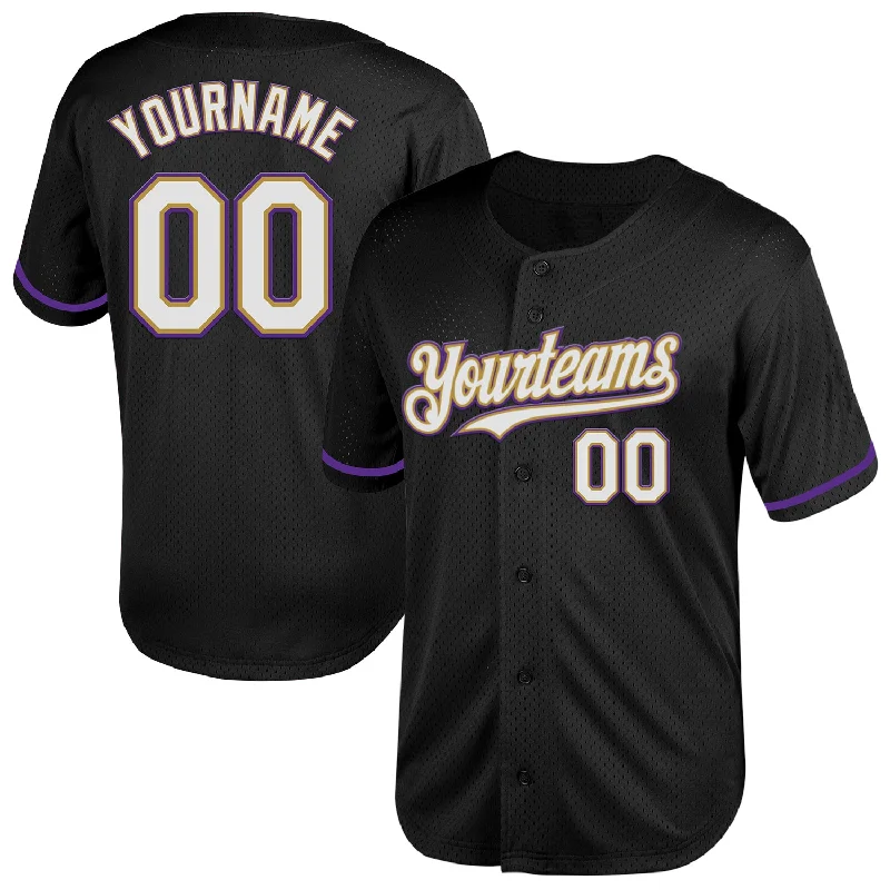 Baseball Jersey for Group Sports Jerseys-Custom Black White Old Gold-Purple Mesh Authentic Throwback Baseball Jersey