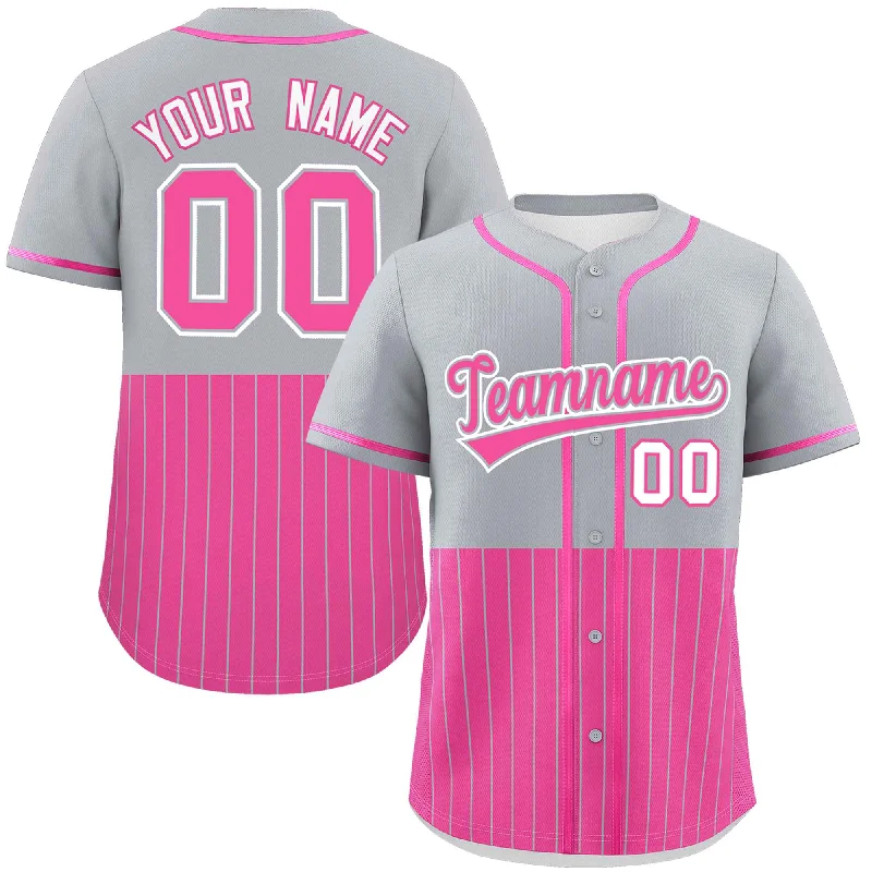 Baseball Jersey for Sports Tournaments-Custom Gray Pink Personalized Half Stripe Design Authentic Baseball Jersey