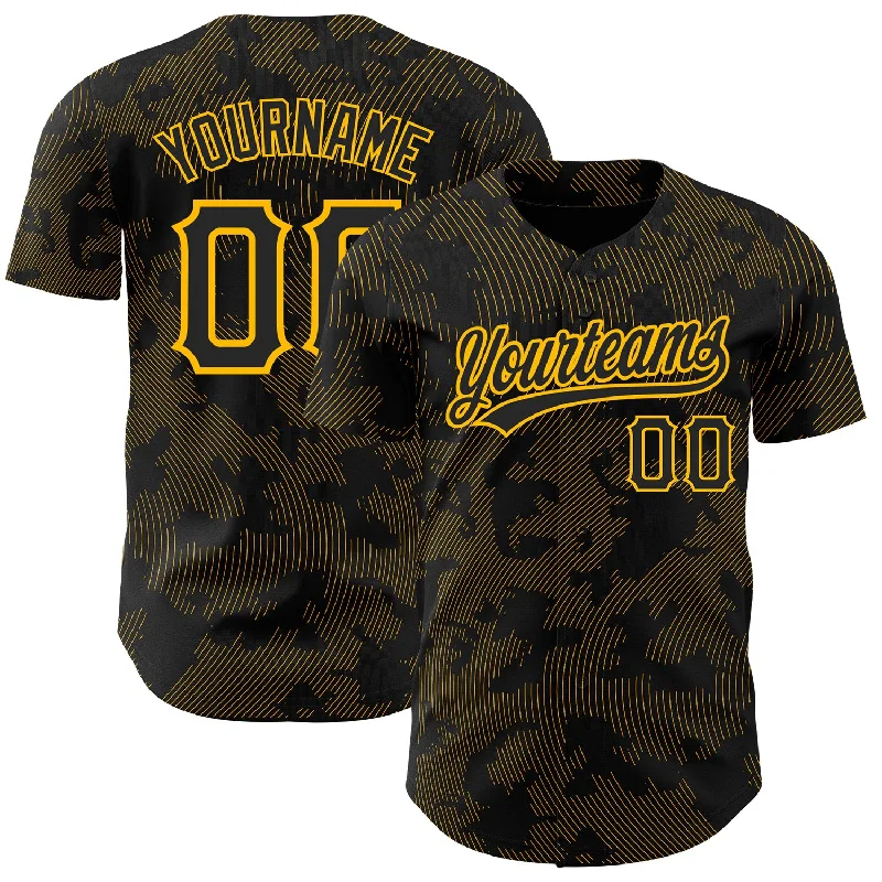 Baseball Jersey for Custom Jerseys for School Teams-Custom Black Gold 3D Pattern Design Curve Lines Authentic Baseball Jersey