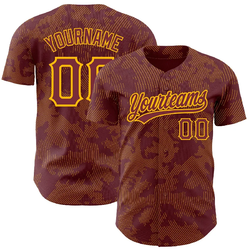 Baseball Jersey for Baseball Fan Club Apparel-Custom Burgundy Gold 3D Pattern Design Curve Lines Authentic Baseball Jersey