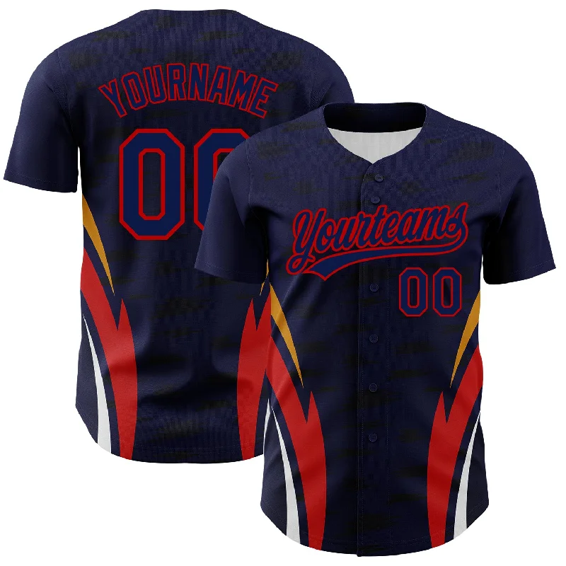 Baseball Jersey for Holiday Gifts-Custom Navy Red 3D Pattern Design Side Stripes Authentic Baseball Jersey