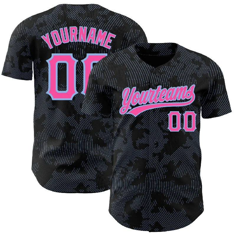 Baseball Jersey for Fan Merchandise for Baseball Events-Custom Black Pink-Light Blue 3D Pattern Design Curve Lines Authentic Baseball Jersey