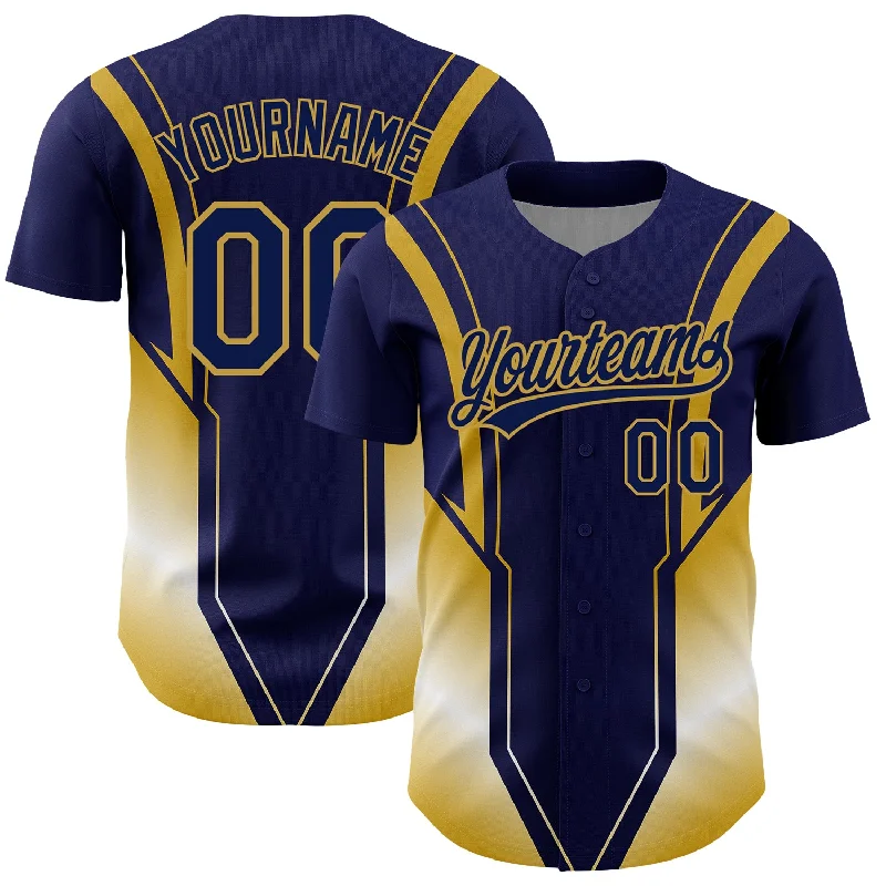 Baseball Jersey for Custom Team Numbers-Custom Navy Old Gold 3D Pattern Design Side Stripes Authentic Baseball Jersey