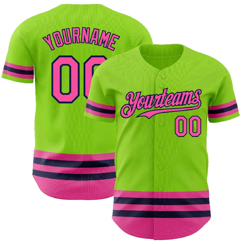 Baseball Jersey for Baseball Fan Apparel for Events-Custom Neon Green Pink-Navy Line Authentic Baseball Jersey