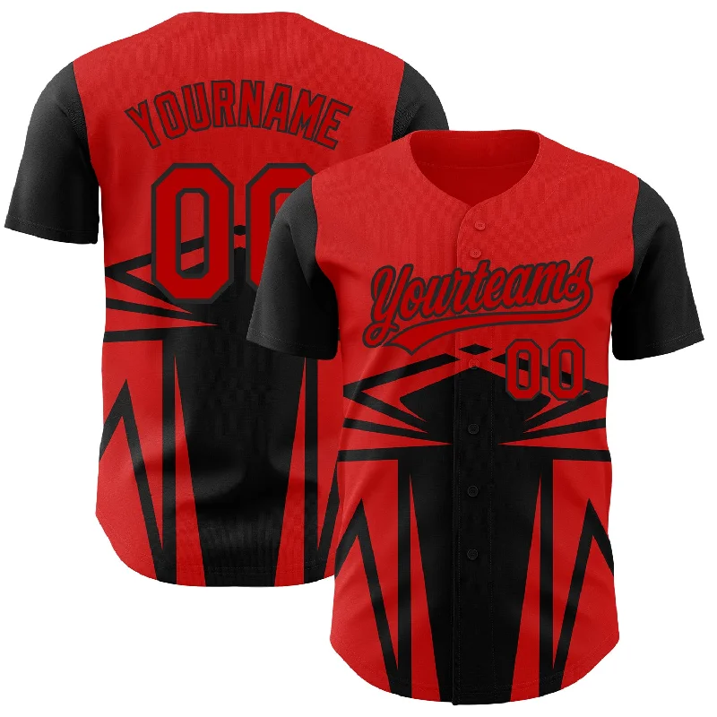 Baseball Jersey for Youth Baseball Leagues-Custom Red Black 3D Pattern Design Side Sharp Edges Authentic Baseball Jersey