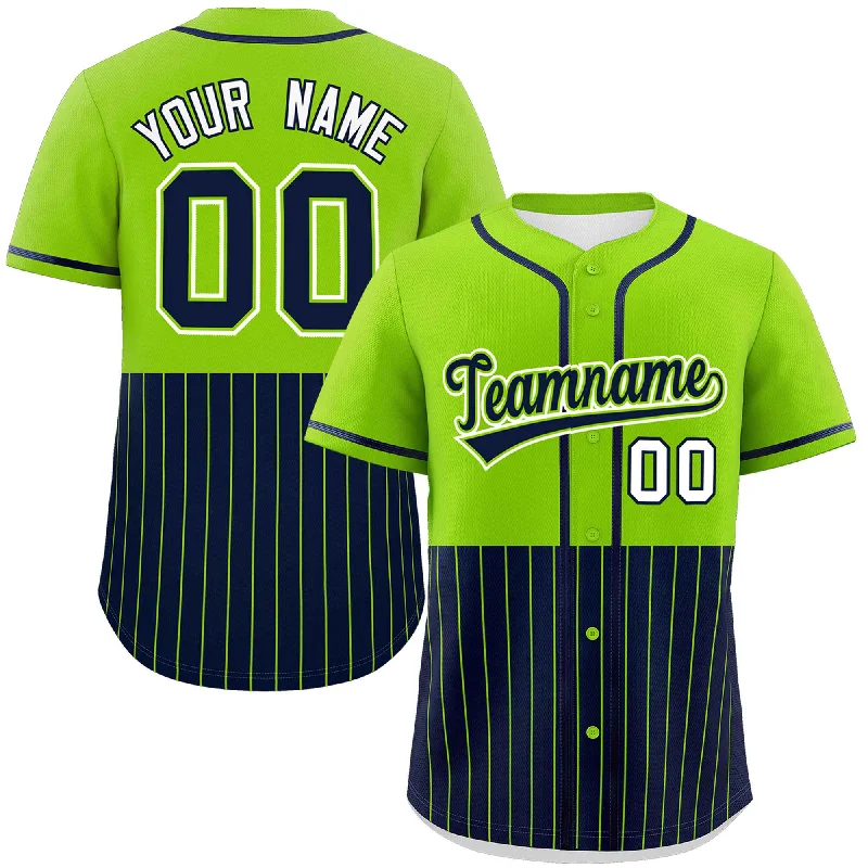 Baseball Jersey for Baseball Fan Apparel-Custom Neon Green Navy Personalized Half Stripe Design Authentic Baseball Jersey