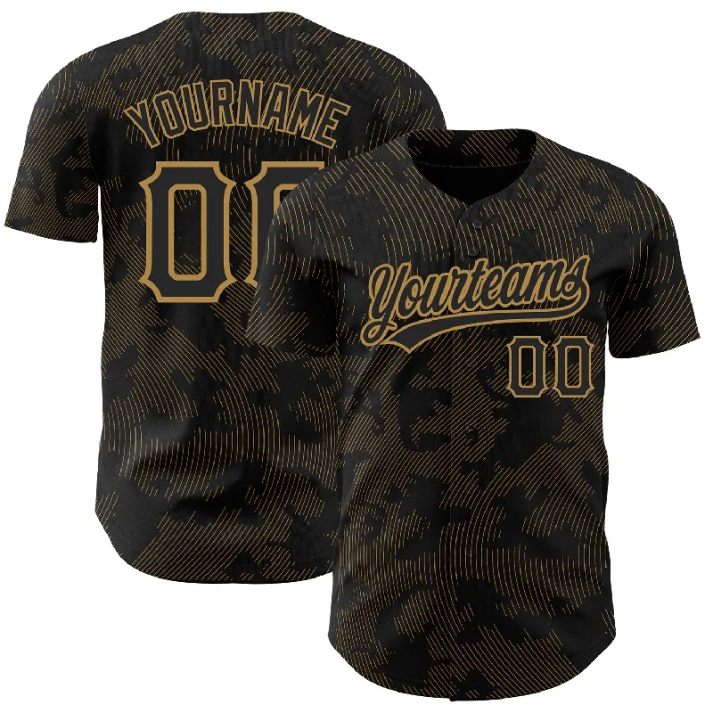 Baseball Jersey for Baseball Apparel for All Ages-Custom Black Old Gold 3D Pattern Design Curve Lines Authentic Baseball Jersey