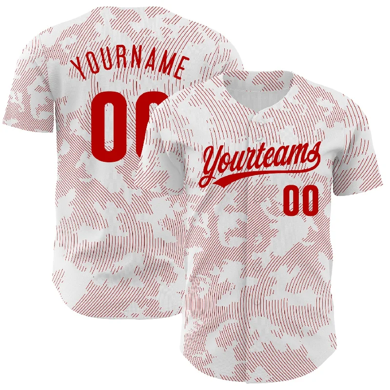 Baseball Jersey for Youth Teams-Custom White Red 3D Pattern Design Curve Lines Authentic Baseball Jersey