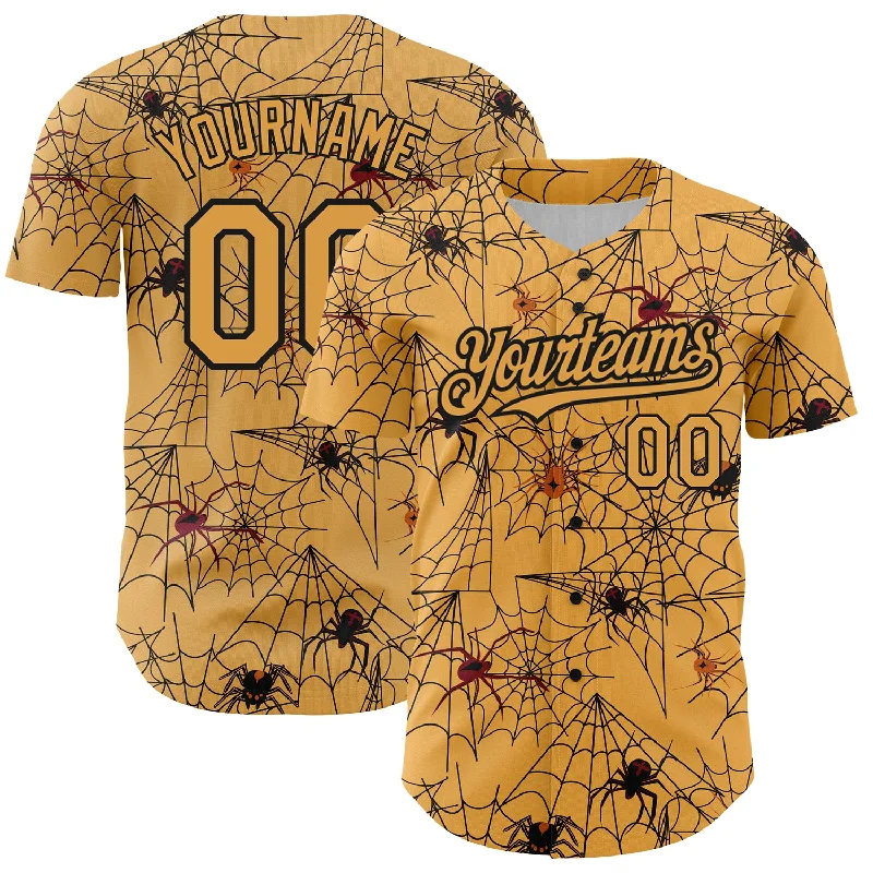 Baseball Jersey for High School Team Merchandise-Custom Gold Black 3D Pattern Design Spider Web Authentic Baseball Jersey